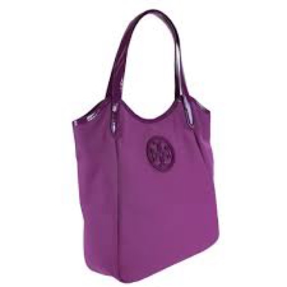 Tory Burch Handbags - Tory Burch Purple Logo Coated Canvas Tote Bag Hobo